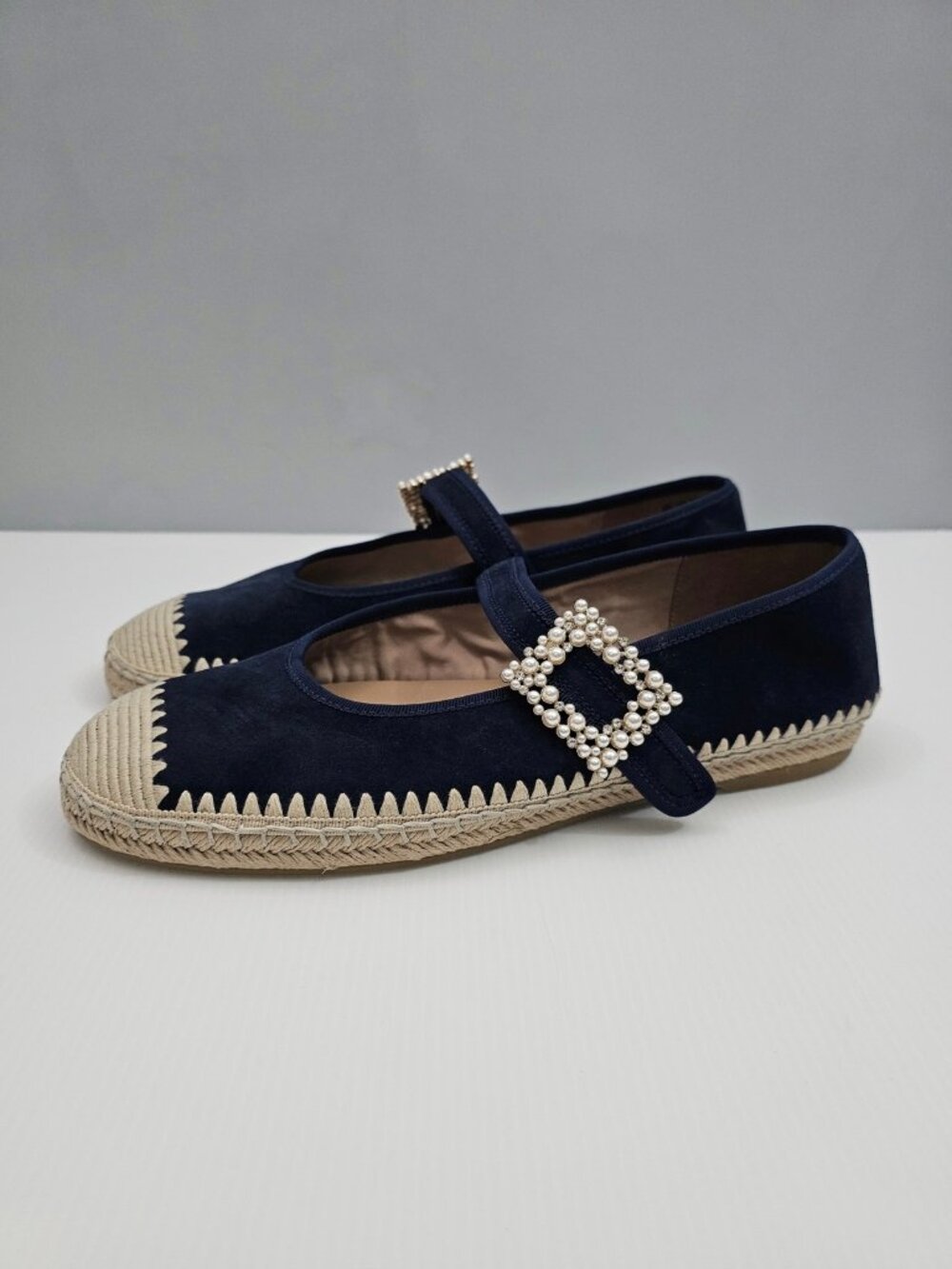 Naturalizer Java Mary Jane Espadrille Flats Womens 11 Navy Suede Pearl Buckle